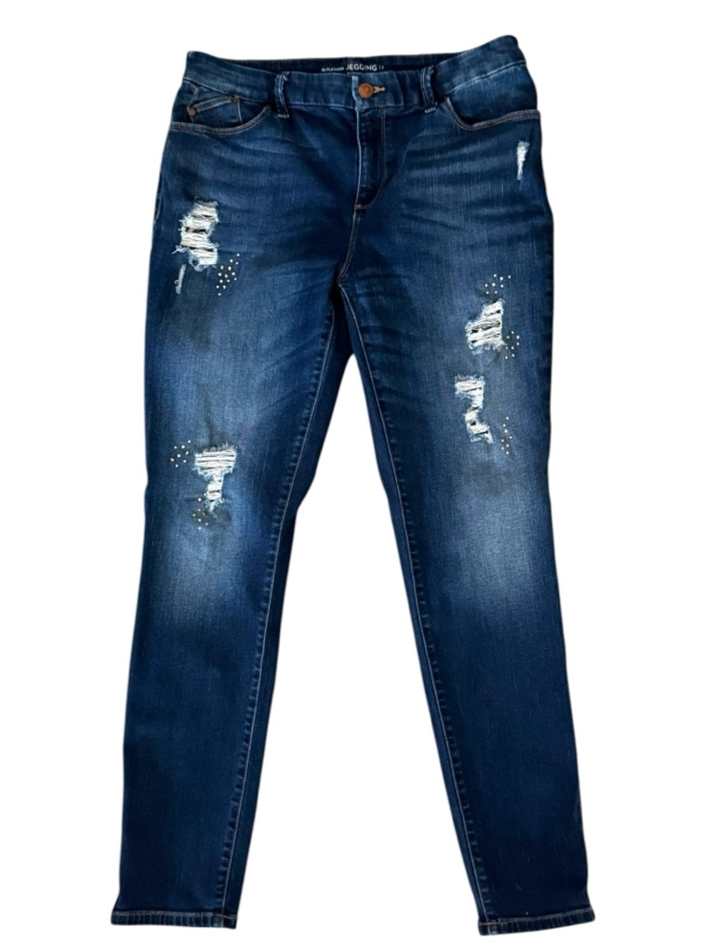 Chico's Size 1 (US 8) Platinum Jegging dark wash distressed jeans stud accents